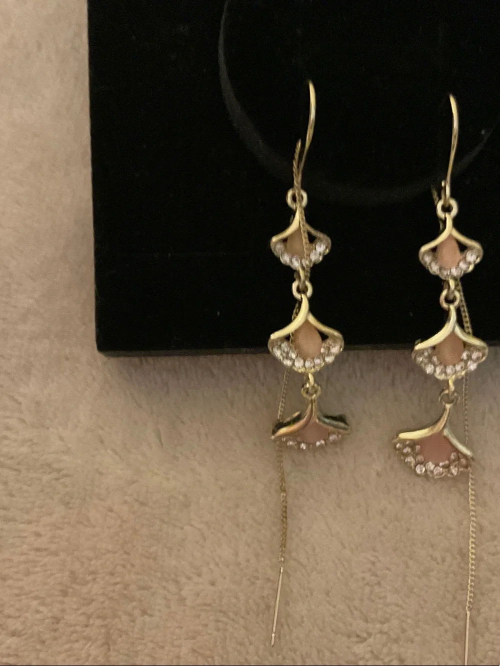 Gold-Tone Pink Enamel Floral Drop Earrings with Crystal Accents
